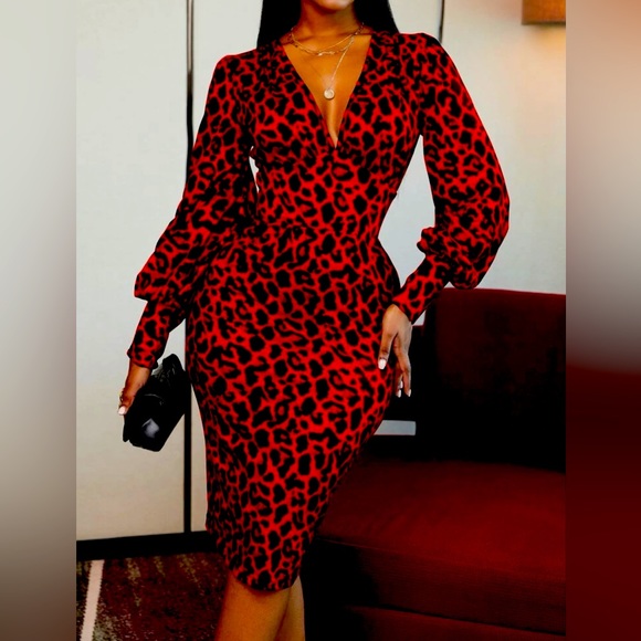 Women’s Sexy Red and Black Cheetah Print Bodycon Dress - Picture 1 of 1